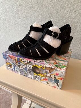 Jeffrey Campbell Black Snakeskin Block Heel Sandals Size 8 Angora New